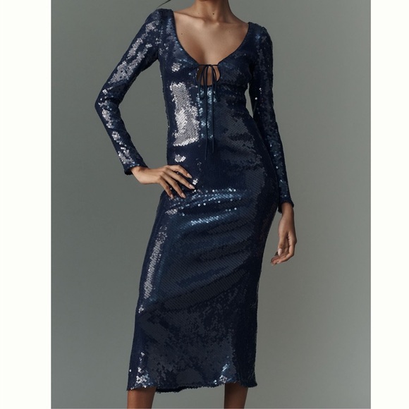 NWT! Bardot Verona Long-Sleeve Sequin Slim Midi Dress Navy Size 12